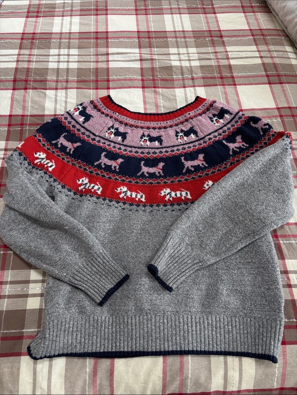 Holiday Time Gray Crewneck Fair Isle Dog Yoke Sweater with Navy and Red Accents